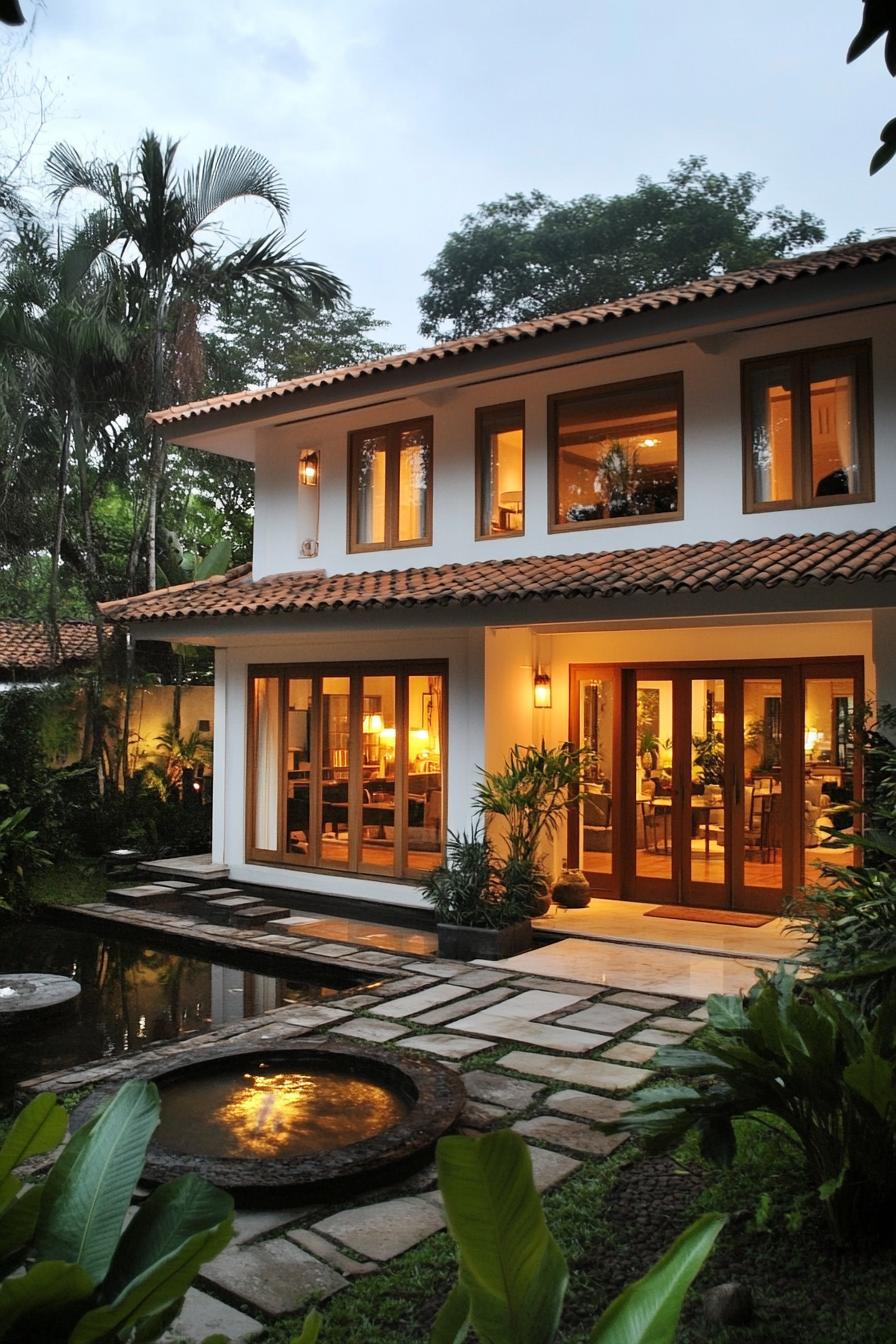 Tropical-style house with large windows surrounded by lush greenery