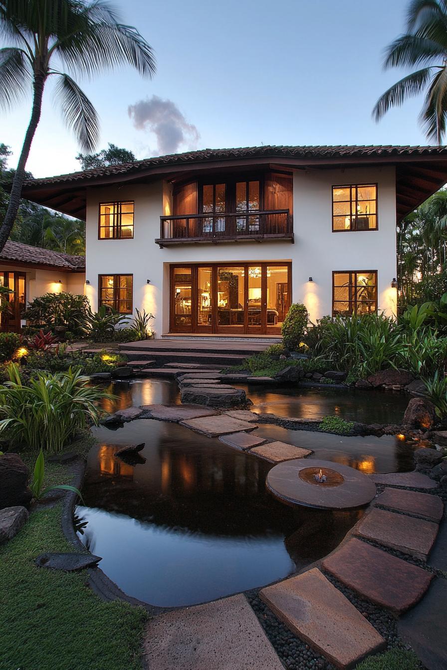 Tropical house with serene pond and lush greenery