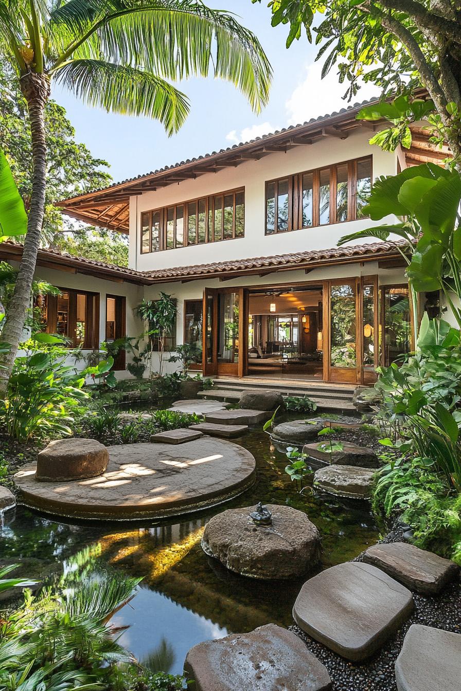 Tropical house with lush garden and stone pathway