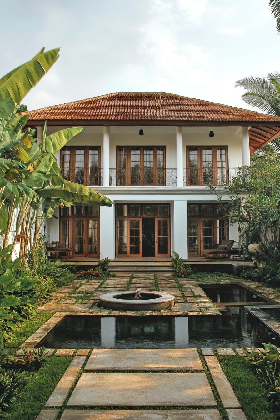 Elegant tropical house exterior with lush garden