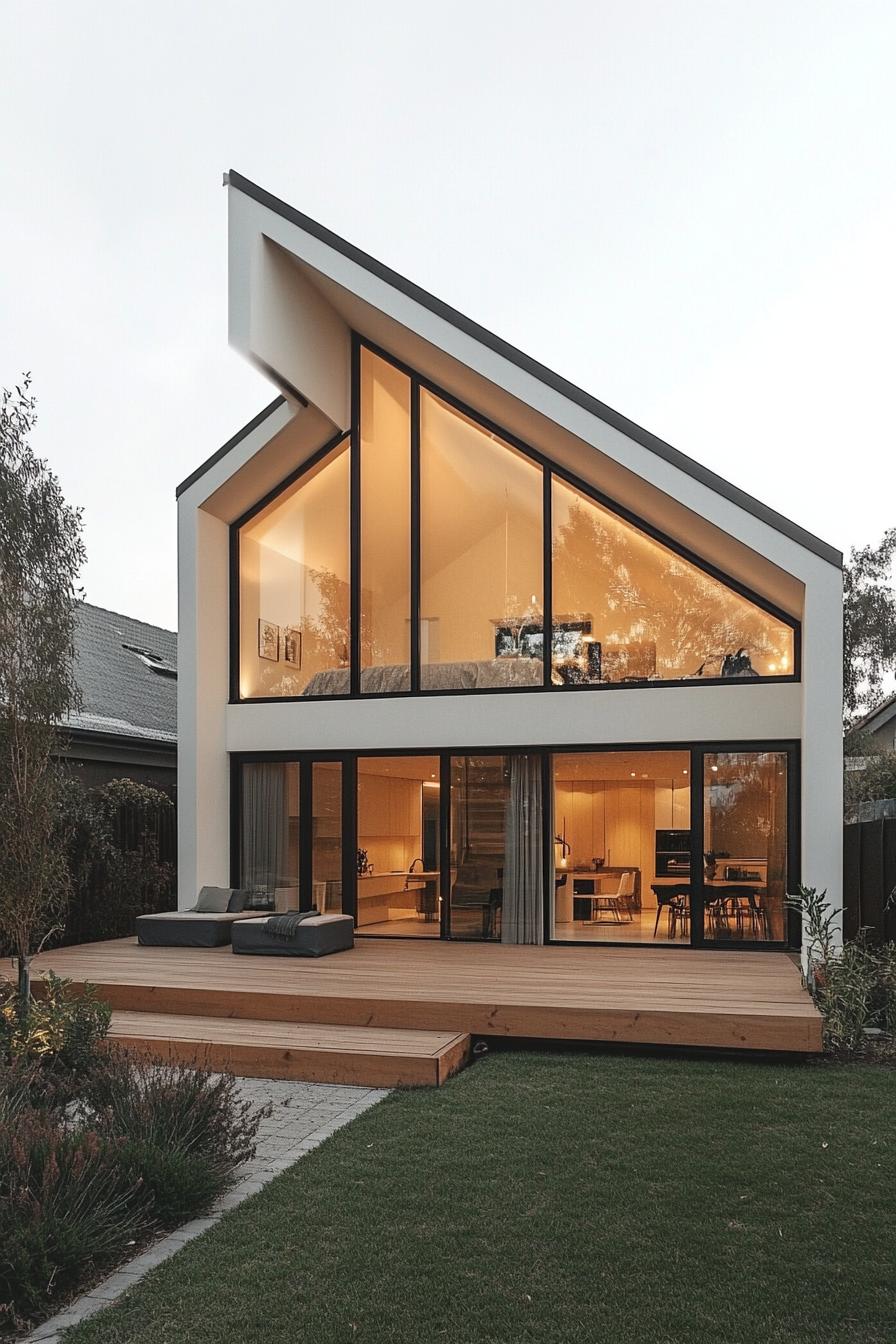 Modern house with large glass windows and wooden deck