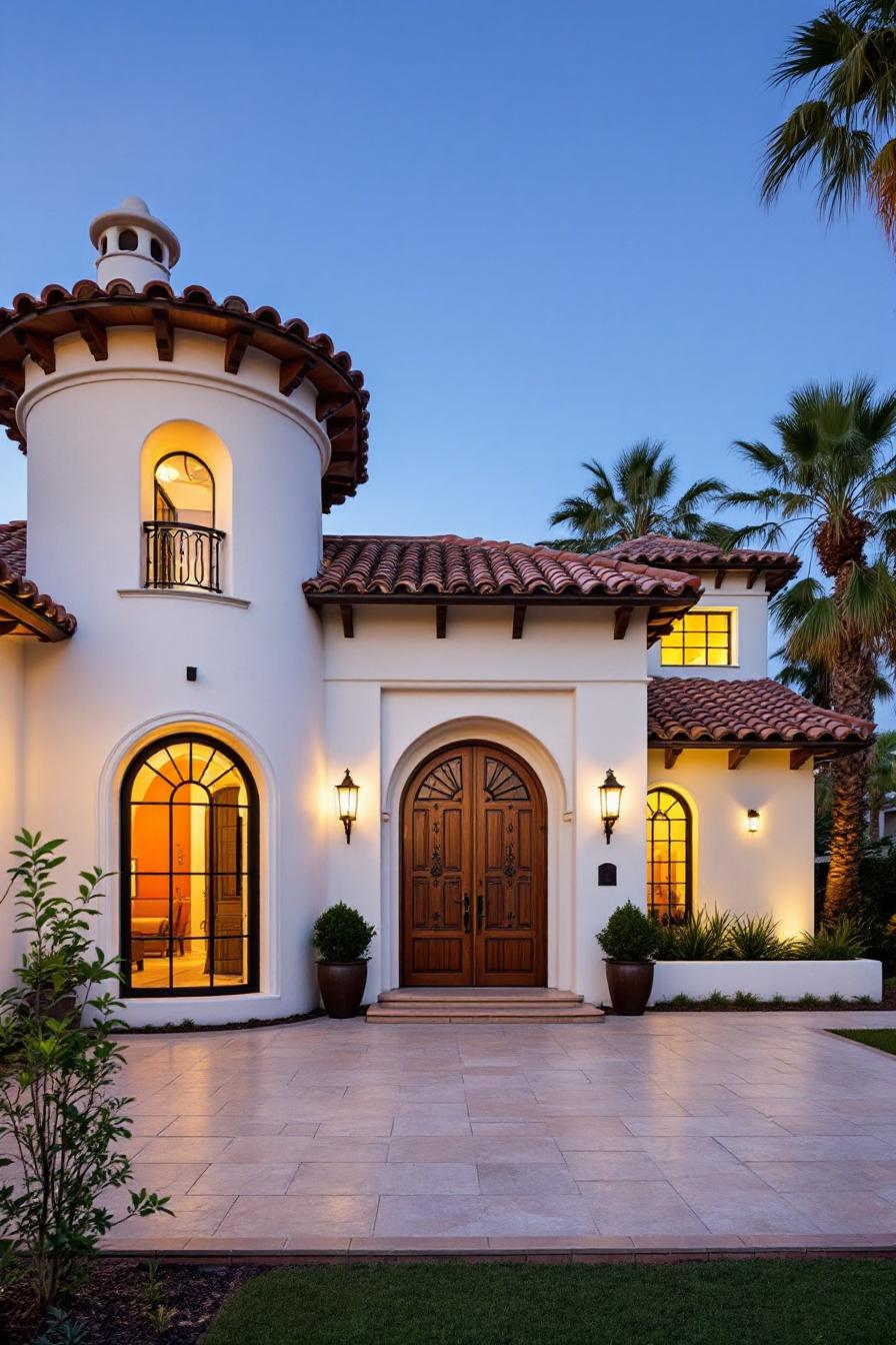 White stucco house with a round tower at dusk