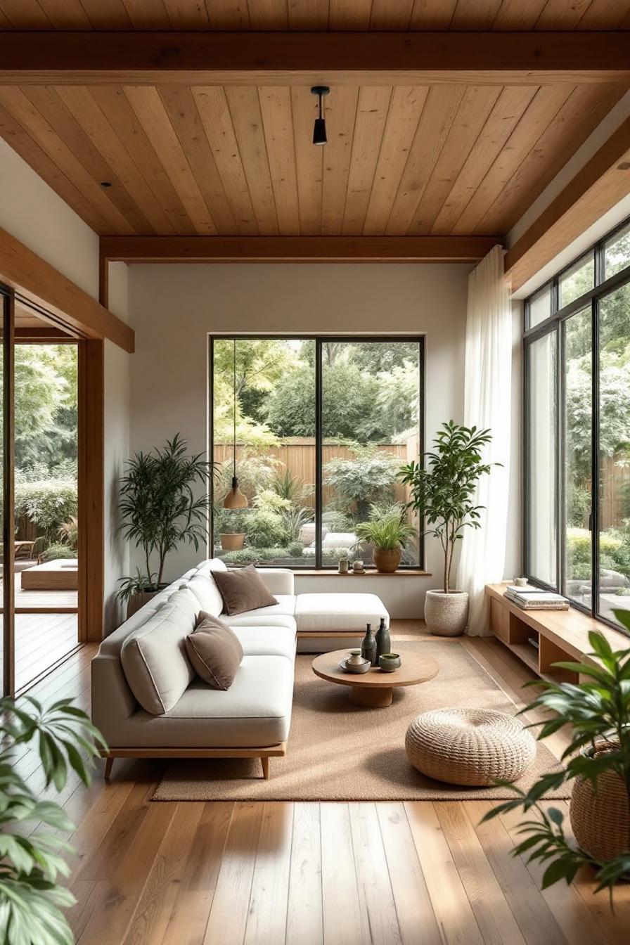 Bright living room with large windows, minimalist furniture, and lush plants