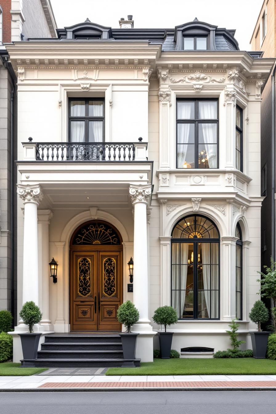 Ornate white house with columns and large windows