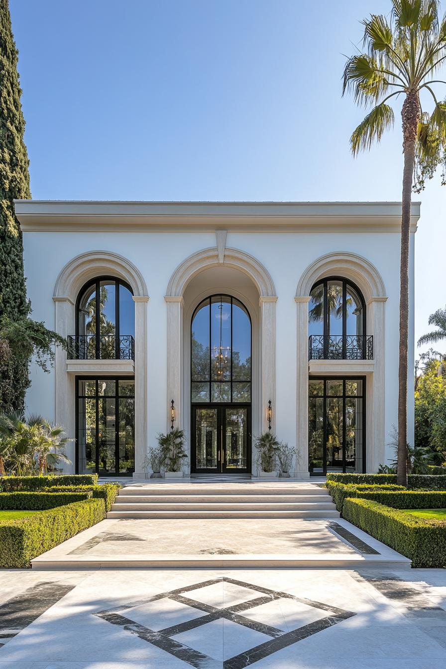 Luxury house with tall arched windows and manicured gardens