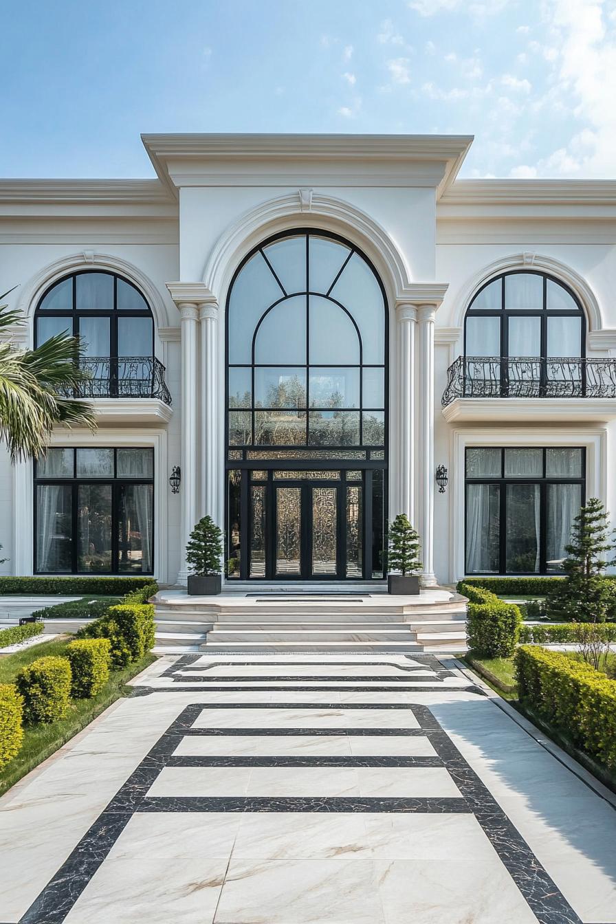 Luxurious classic-style house with grand arched windows and manicured lawn