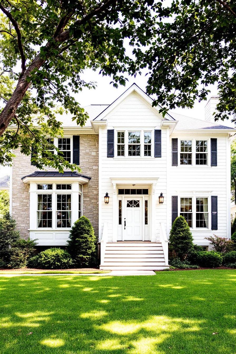 Charming two-story house with white siding and stone facade