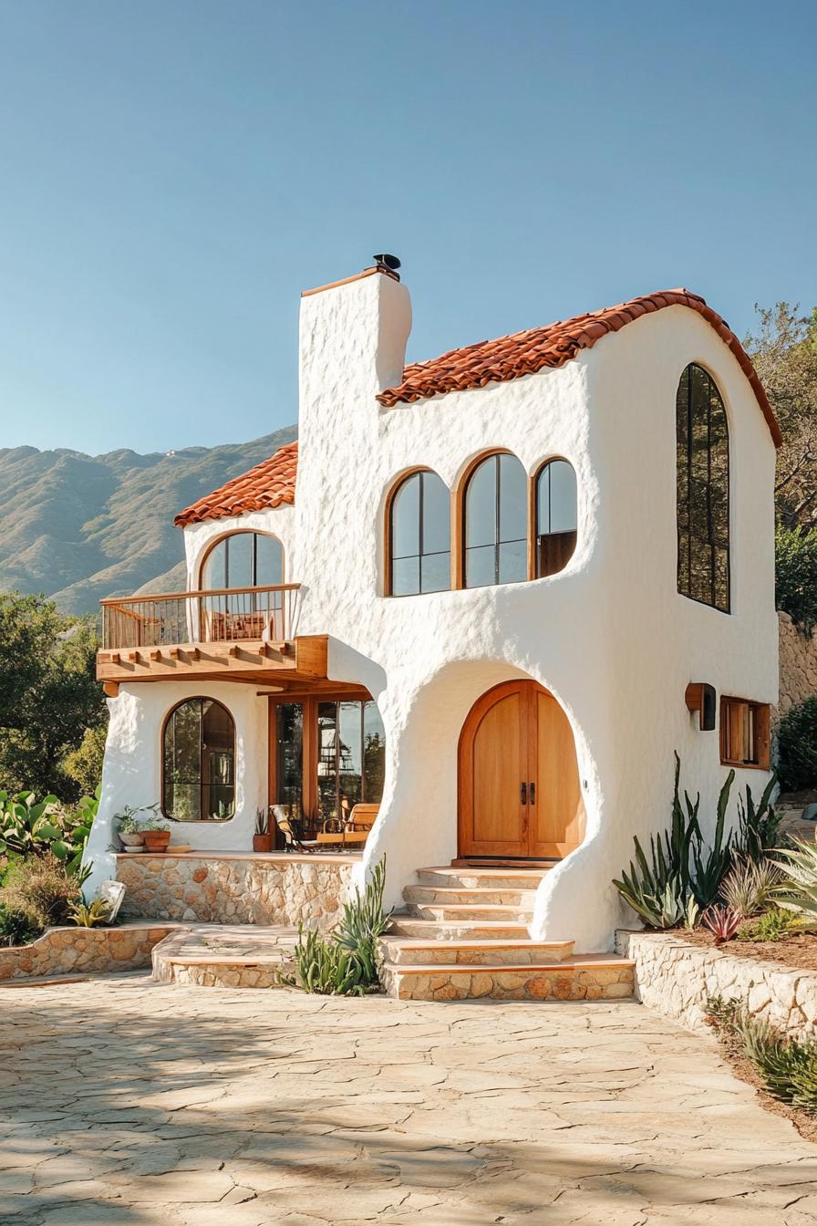 Bright white house with wooden details and arch windows