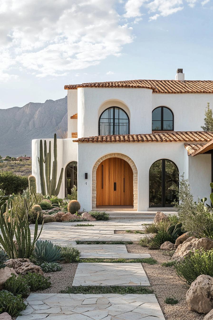 White villa with terracotta roof and desert plants