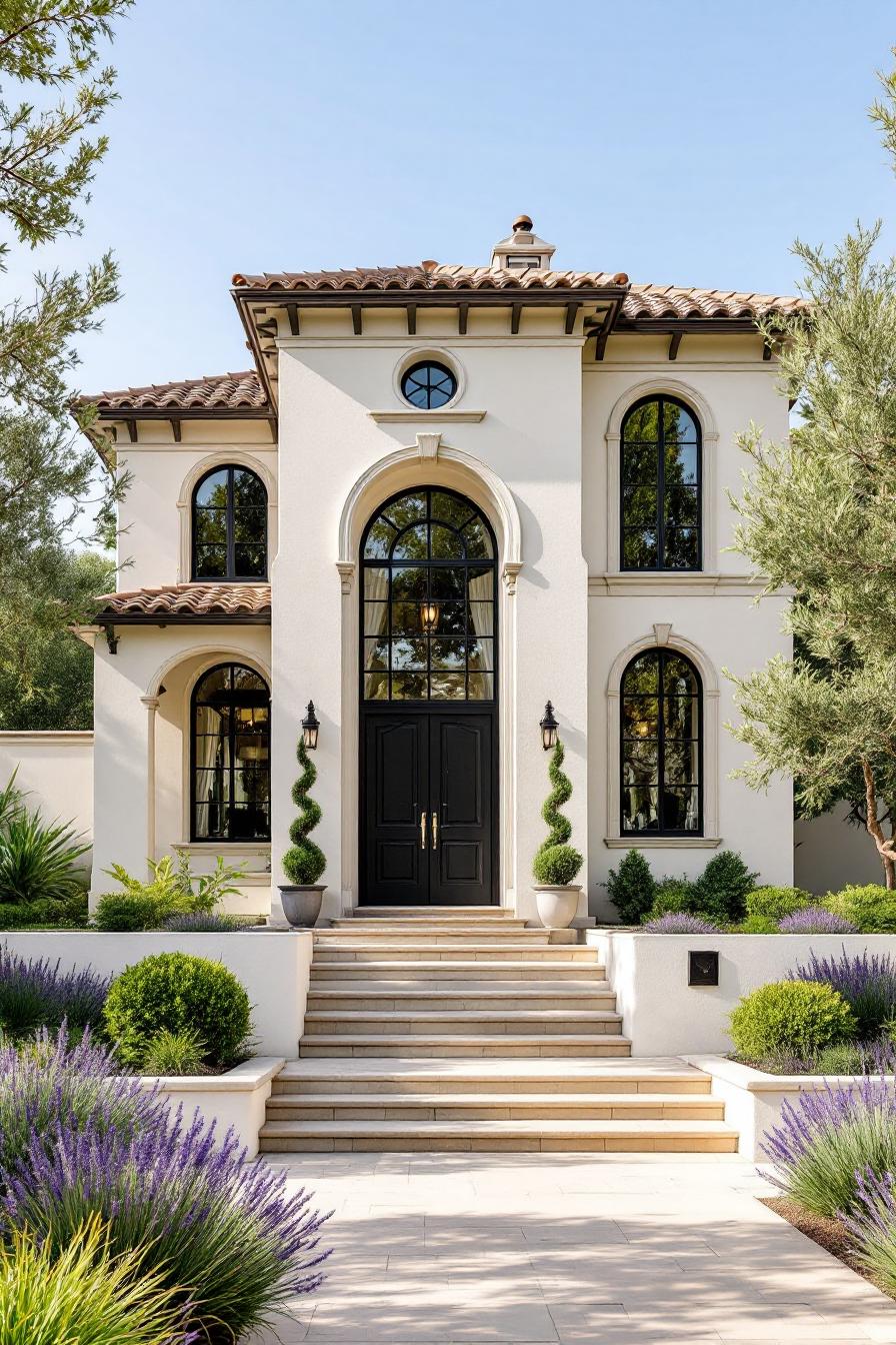 Elegant two-story Mediterranean house with lush landscaping