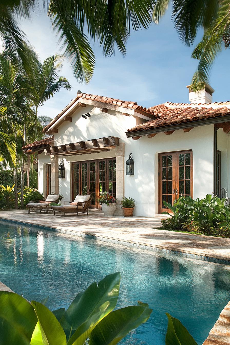 Spanish bungalow with a pool and lush plants