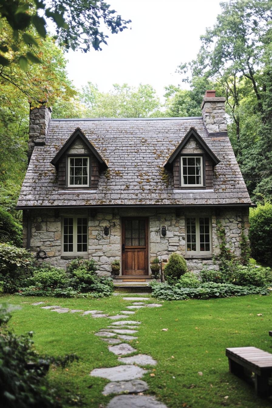 Rustic stone cottage with a lush green garden