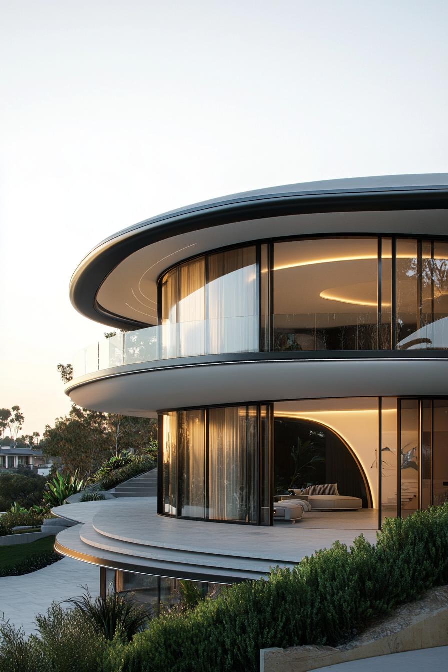 Sleek modern circular home with large windows and layered design