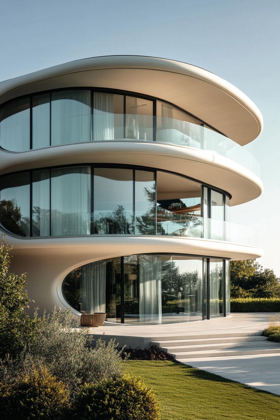 A sleek, modern multi-story house with curved glass facades