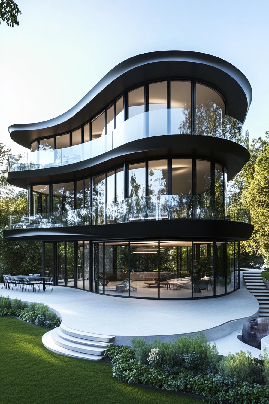 Futuristic home with flowing curves and large glass windows