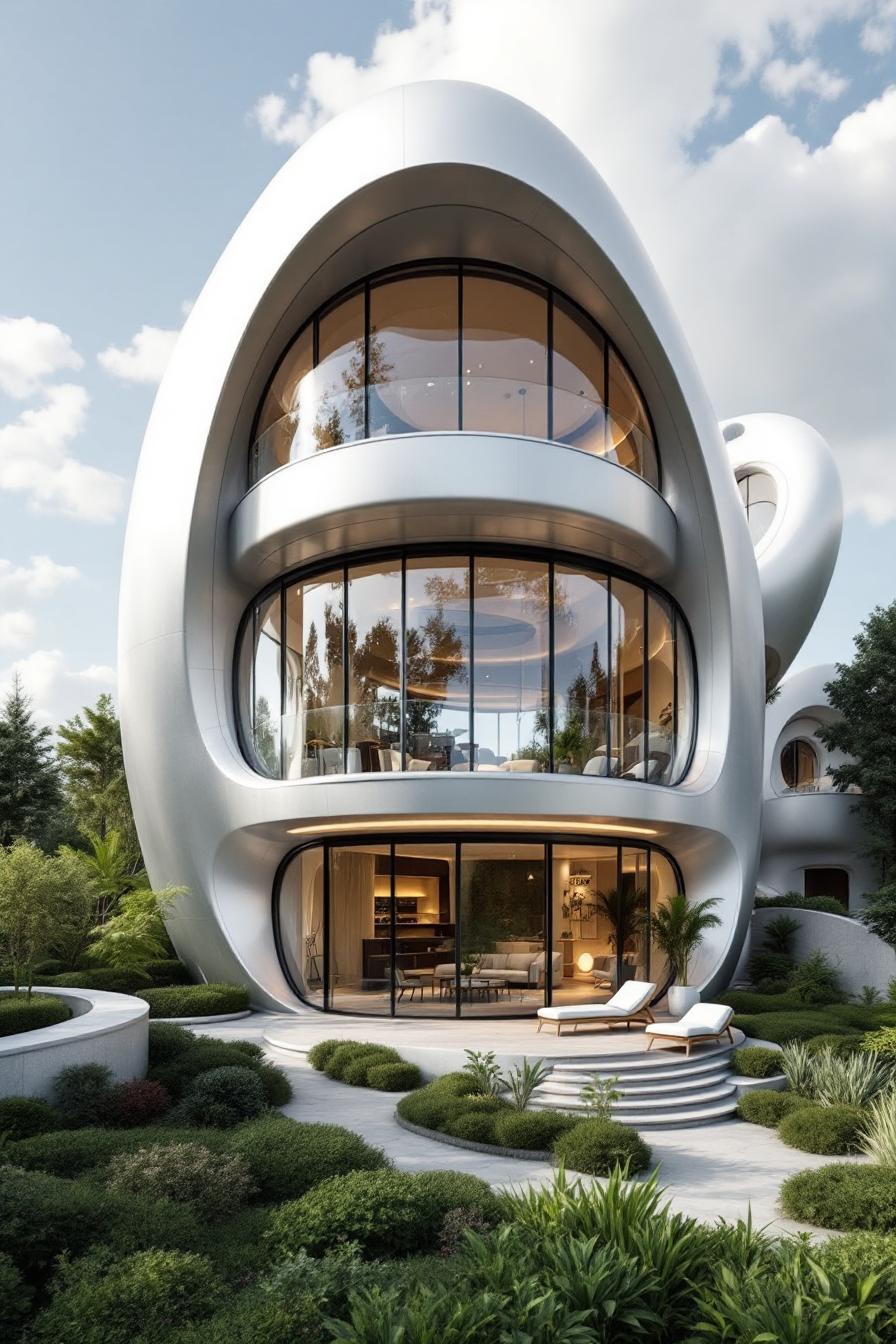 Ultra-modern home with large glass windows and egg-shaped design