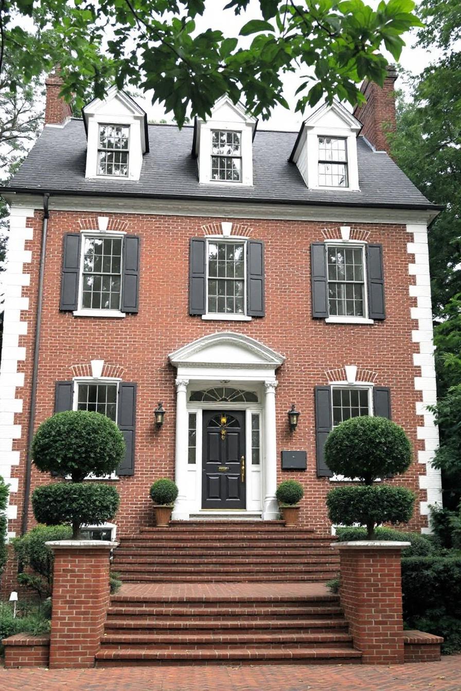 Red brick Georgian house with black shutters