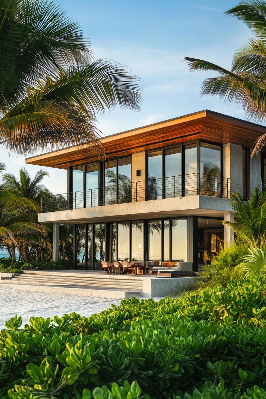 Luxury beach house with modern design and palm trees