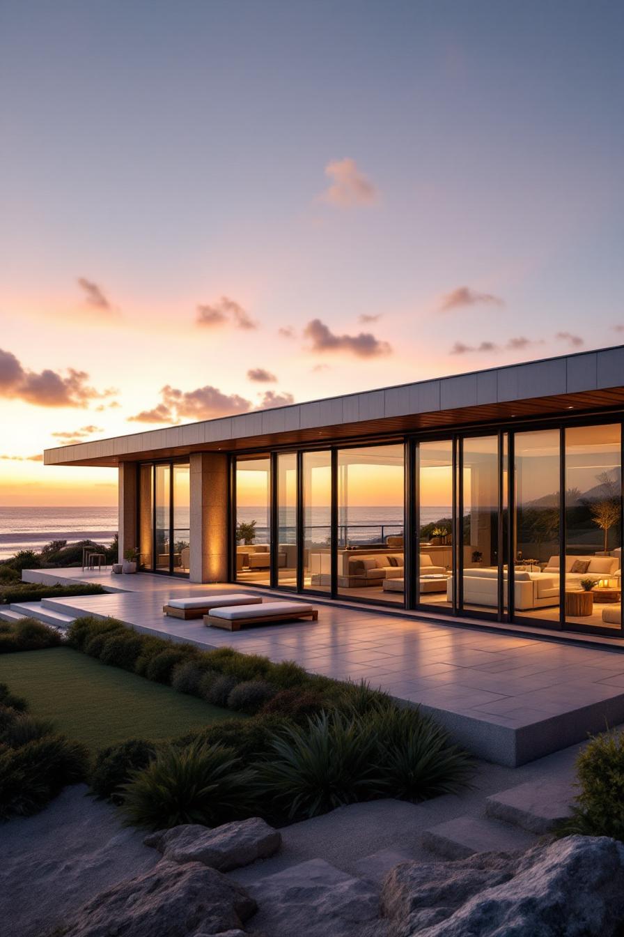 Luxury beachfront house at sunset with glass walls