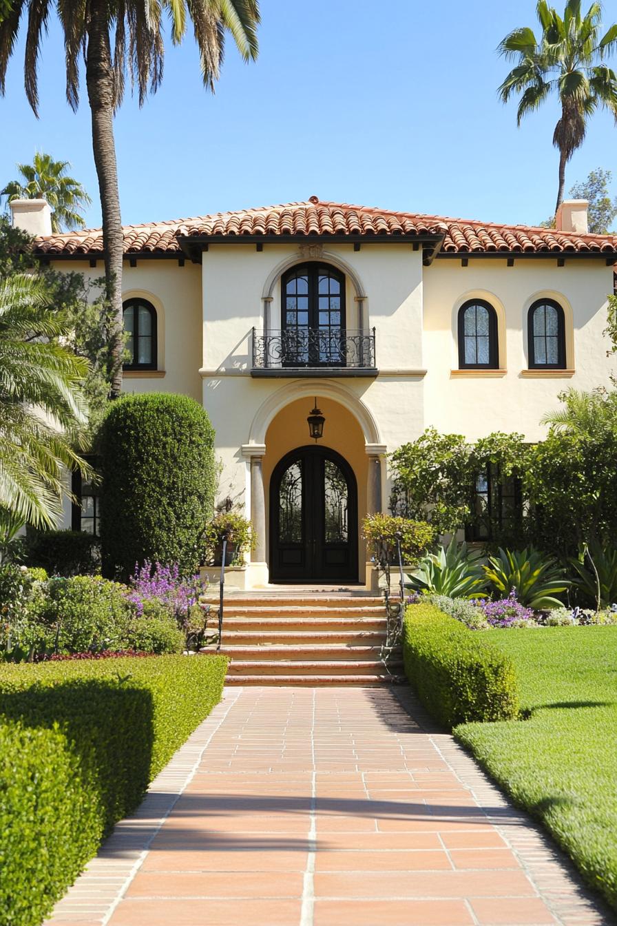 Elegant villa entrance framed by lush gardens and arches