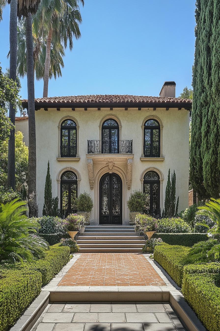 Front view of a traditional Mediterranean villa surrounded by lush greenery