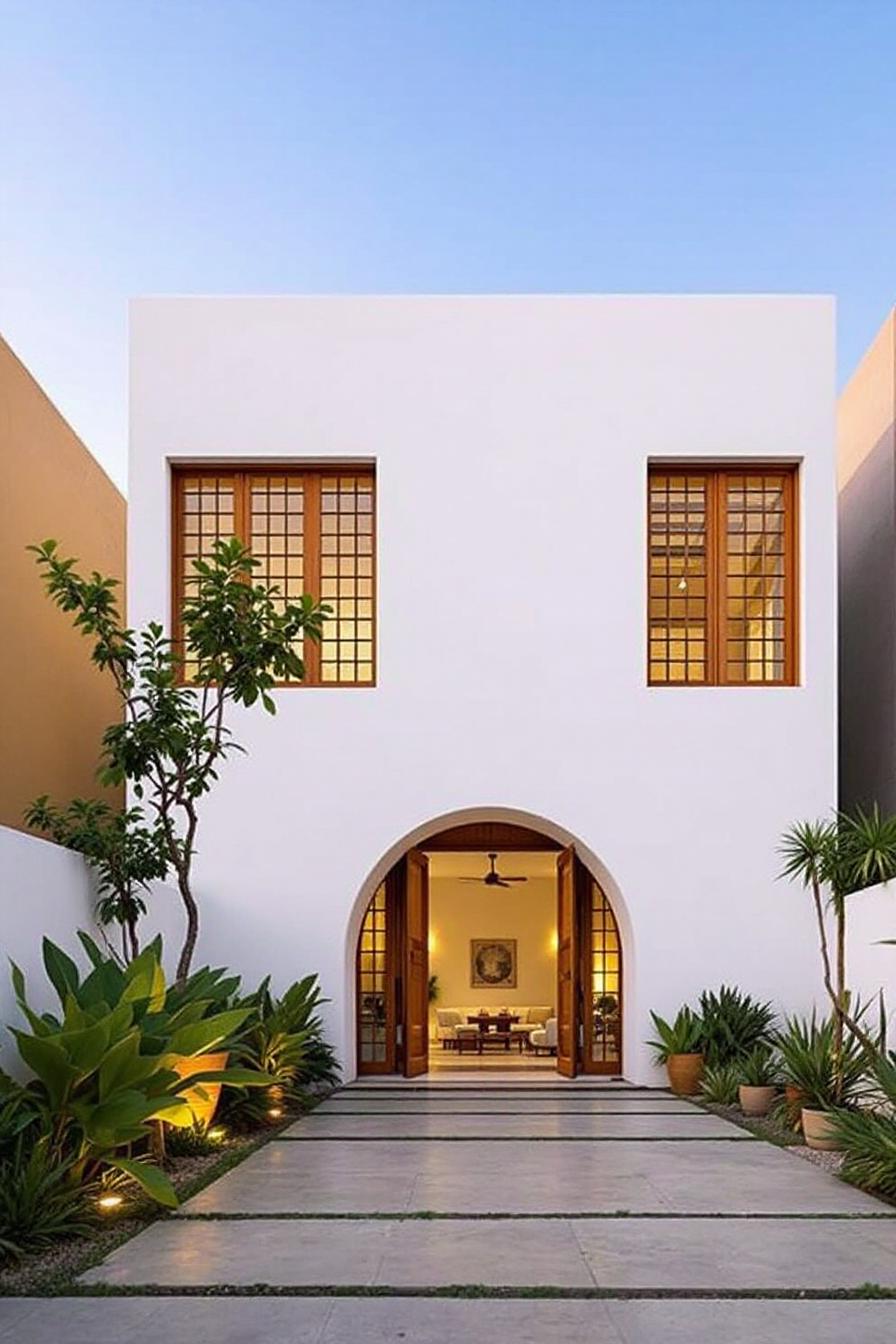 Contemporary house entrance with large windows and an archway