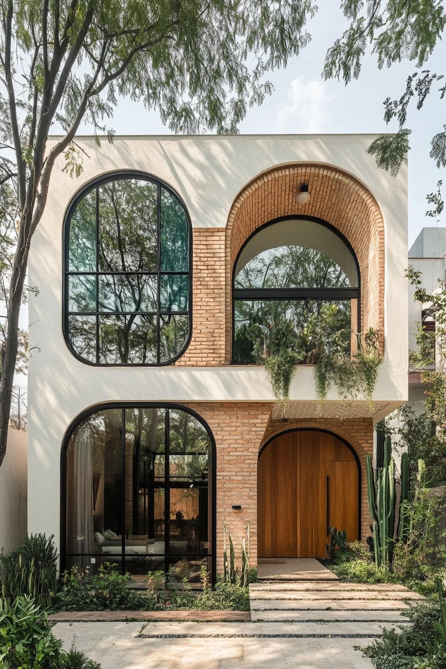 Contemporary house with large arched windows surrounded by lush greenery