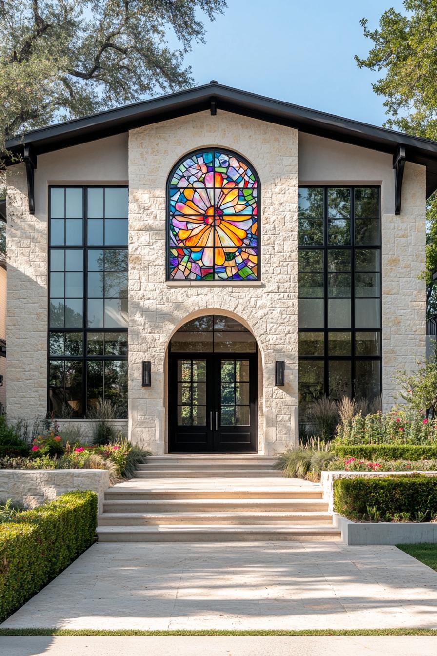 Modern French home with a large stained glass window and stone exterior