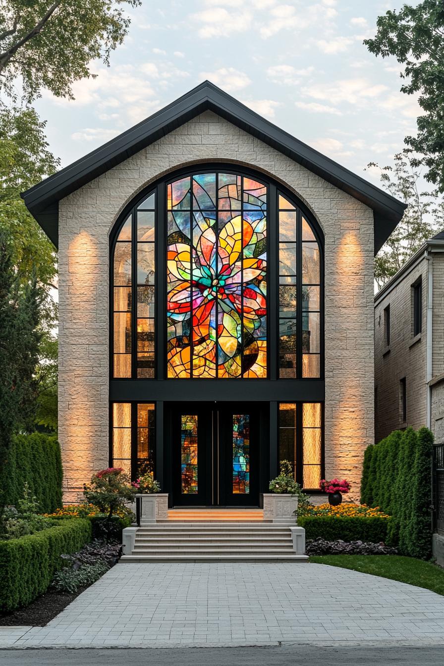 Colorful stained glass adorns a modern French home exterior