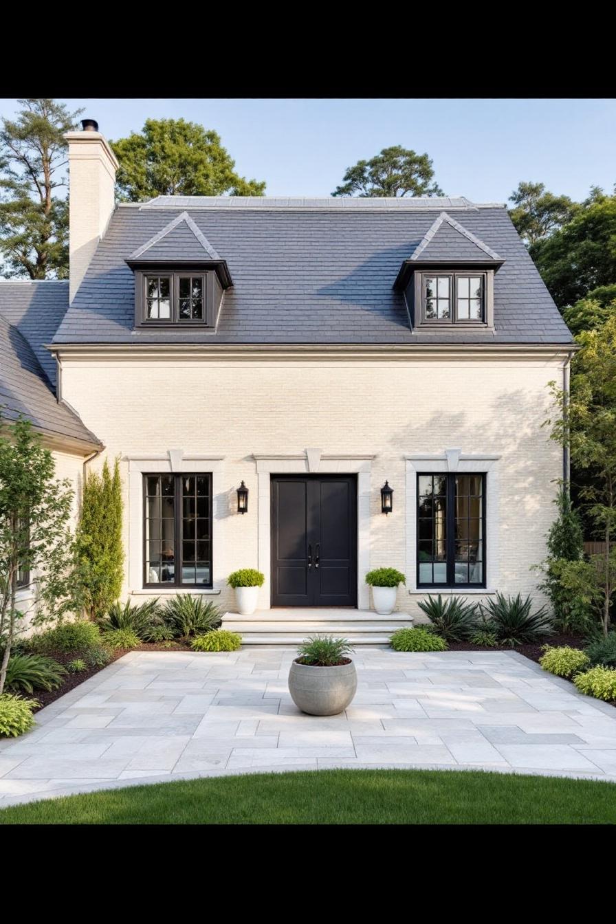 Classic French home with slate roof and lush landscaping