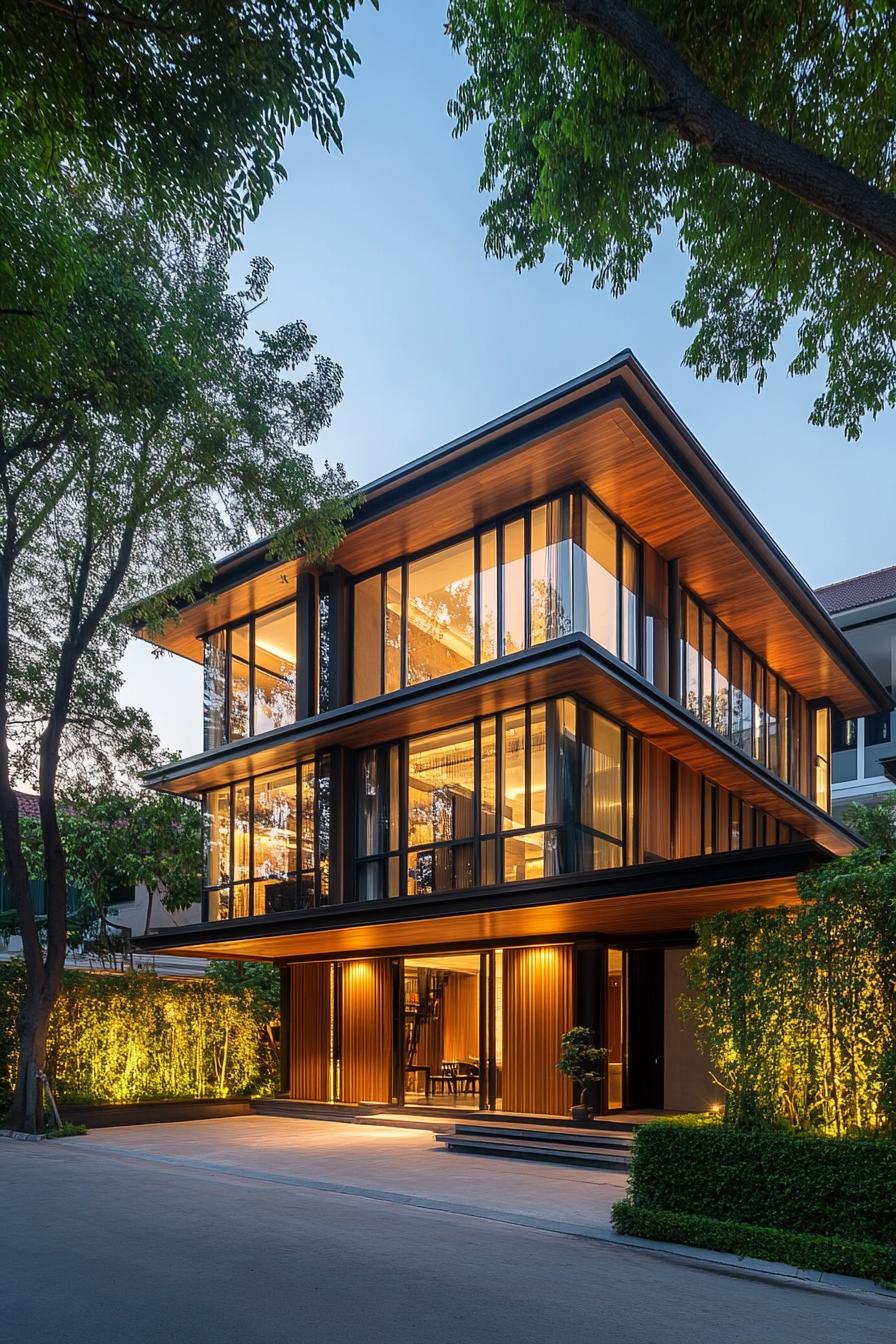 Modern three-story house with glass walls and warm lighting