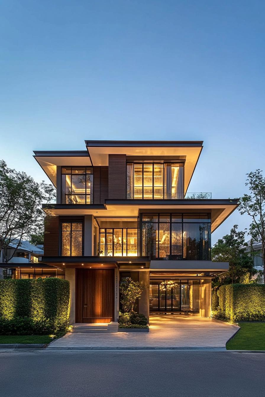 Contemporary Thai house with glowing windows