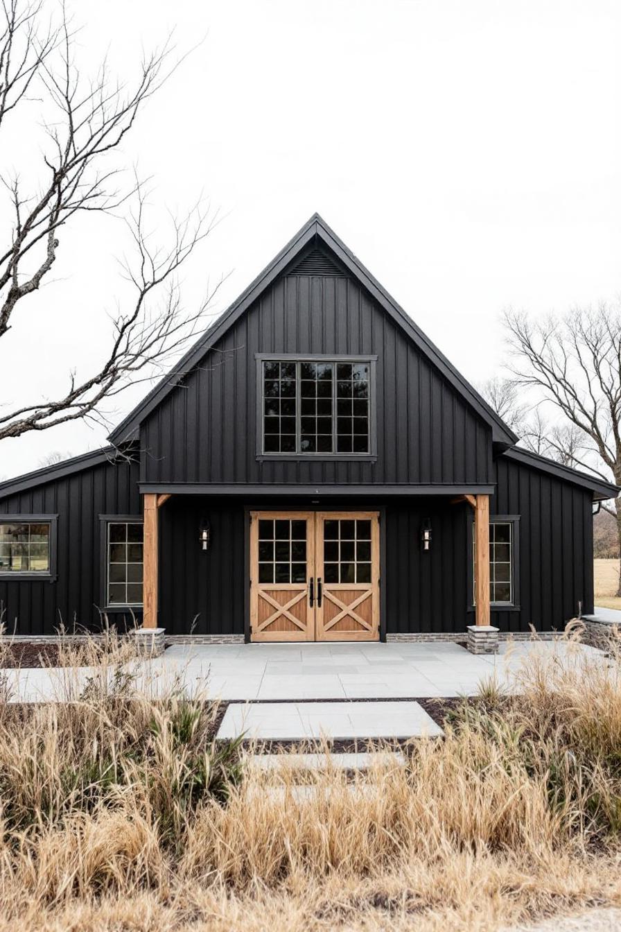 A modern black barndominium with wooden accents