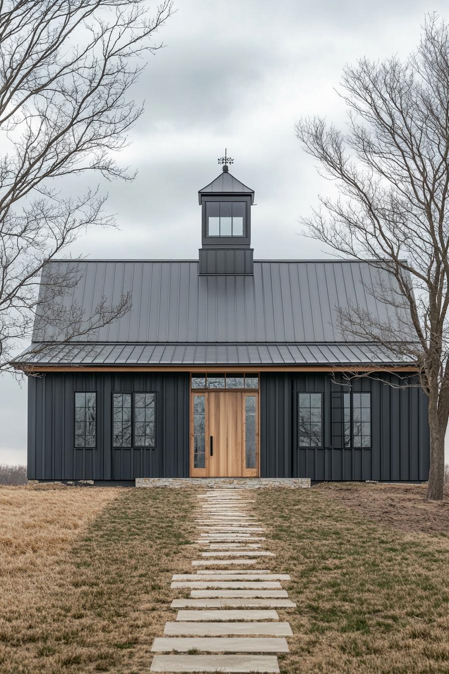 Quaint black barndominium with a wooden door and cupola