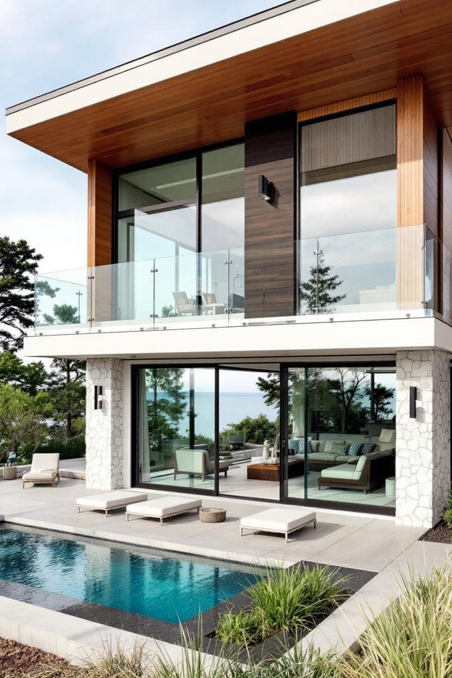 Modern beach house with glass walls and small pool