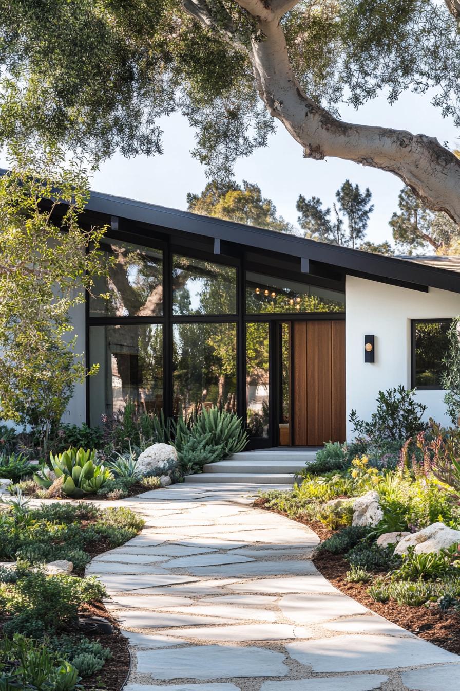 Modern bungalow with large windows under a tree