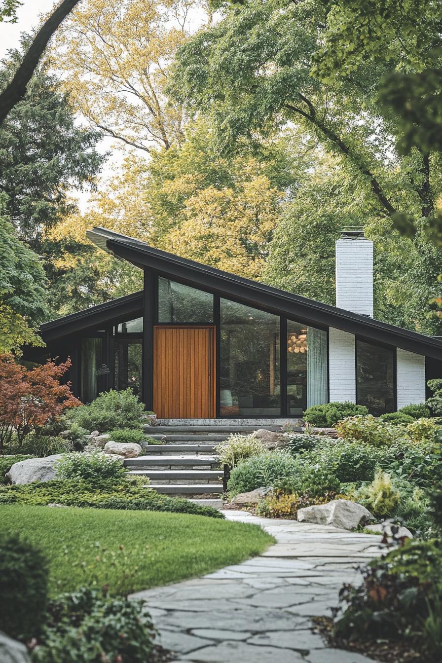 Modern bungalow with lush greenery and a large sloped roof