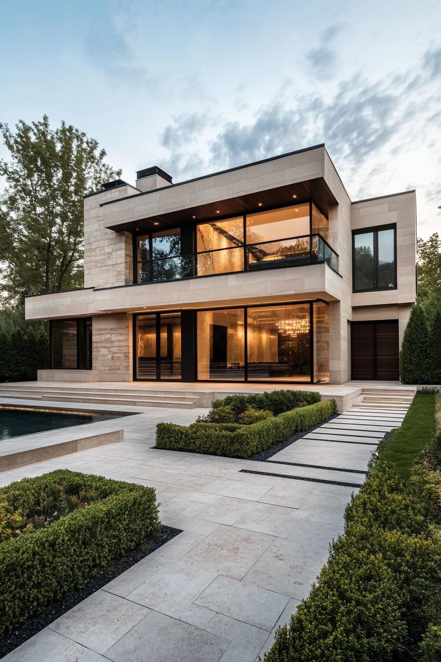 Modern house with stone facade and large windows