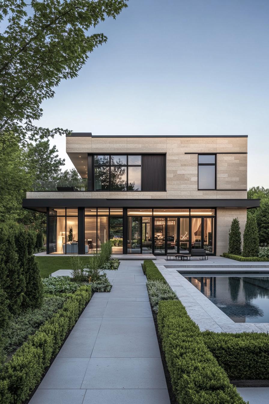 Two-story modern house with large windows and pool