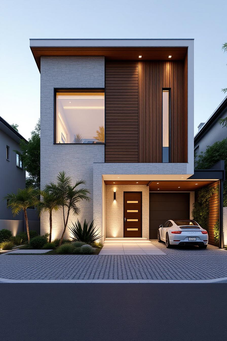 Modern house facade with a mix of wood and stone elements