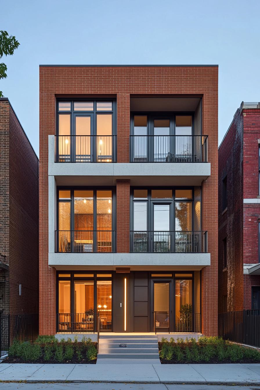 Three-story brick building with large windows and small balconies