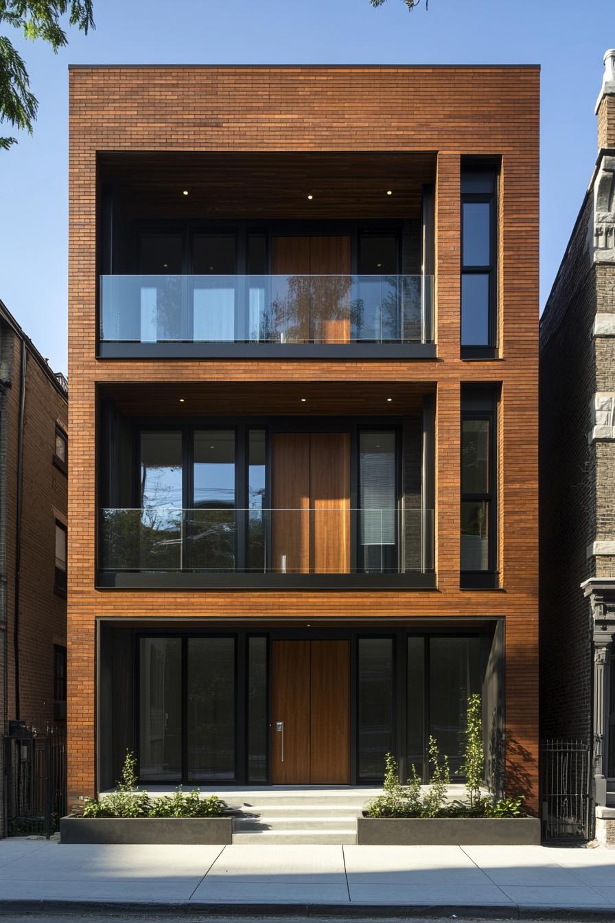 Three-Story Brick Building with Glass Balconies