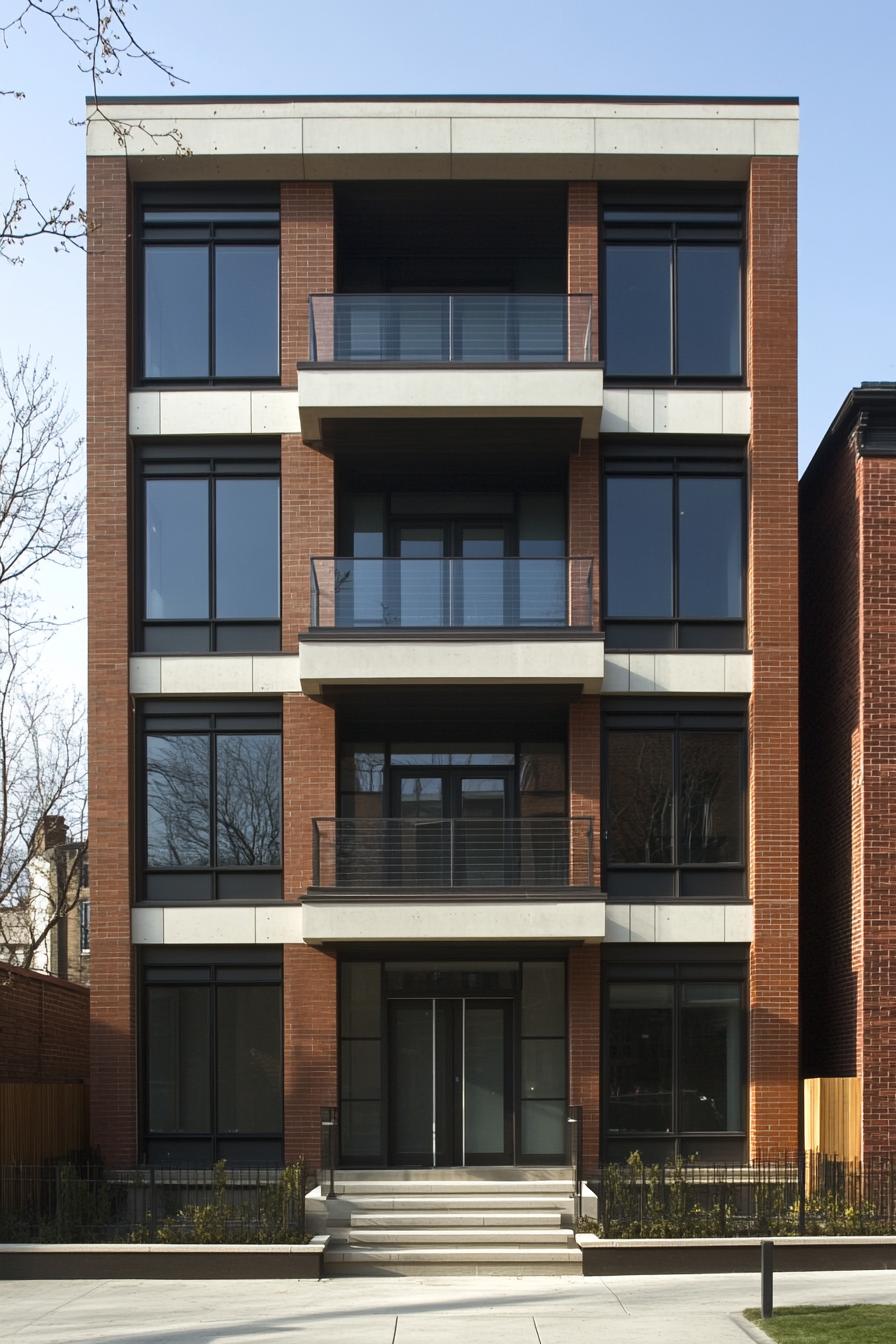 Contemporary brick building with large windows and sleek balconies