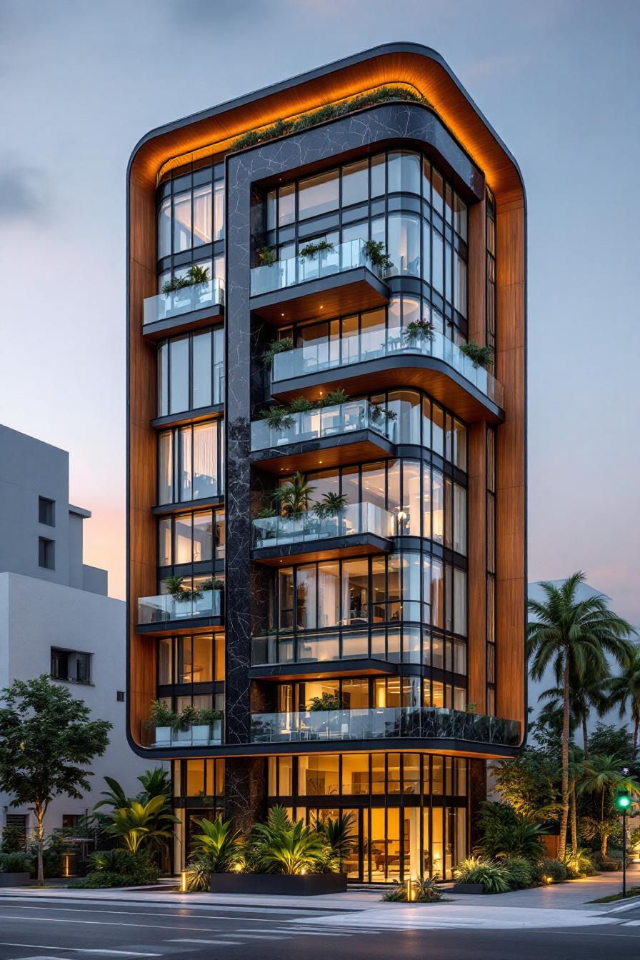 Sleek modern residential building with curved glass facade