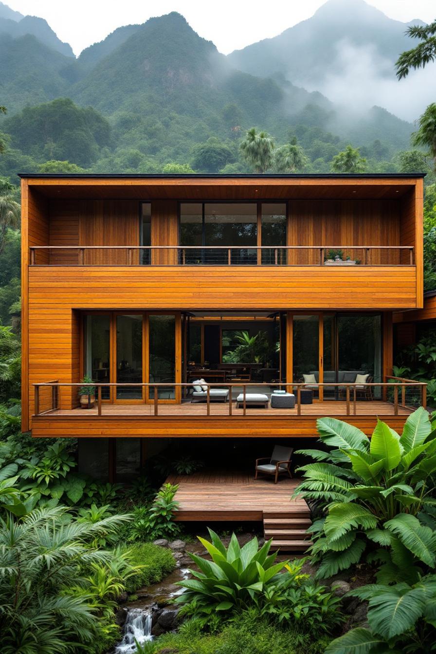 Elegant wooden house nestled among lush greenery