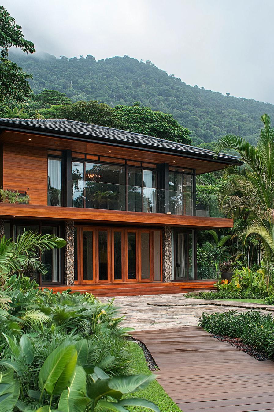 Lush tropical house with wooden accents