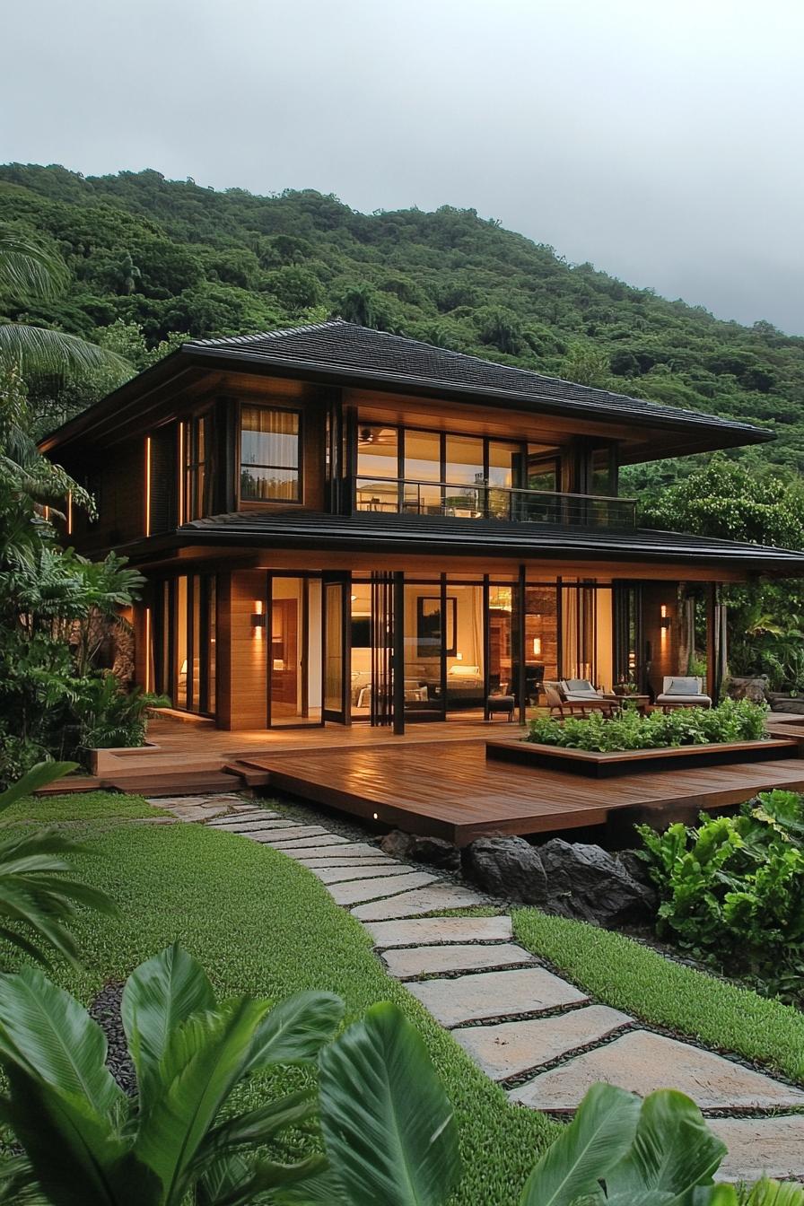 Modern tropical house surrounded by lush greenery