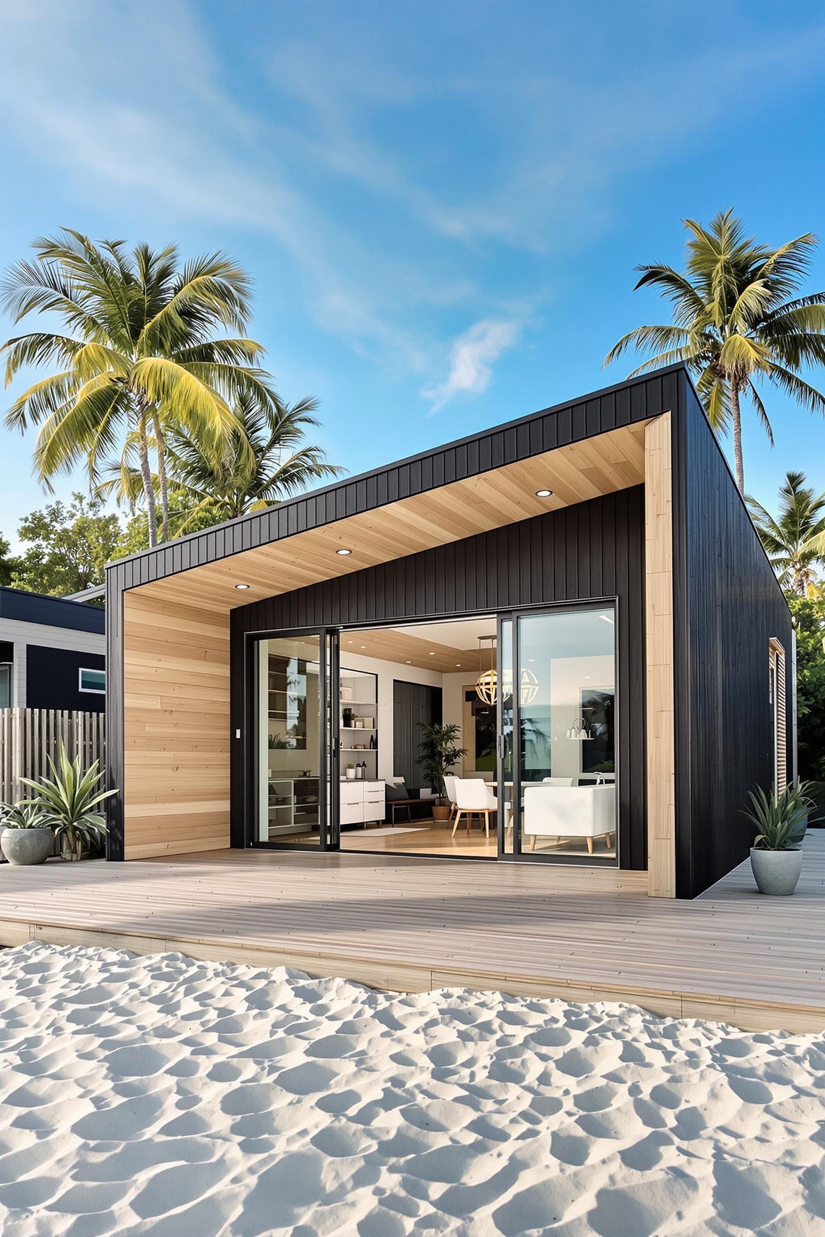 Modern beach house with black cladding near palm trees