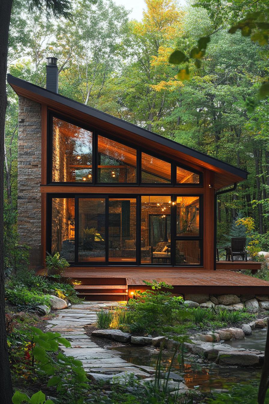 Rustic cabin with large glass windows amidst lush greenery