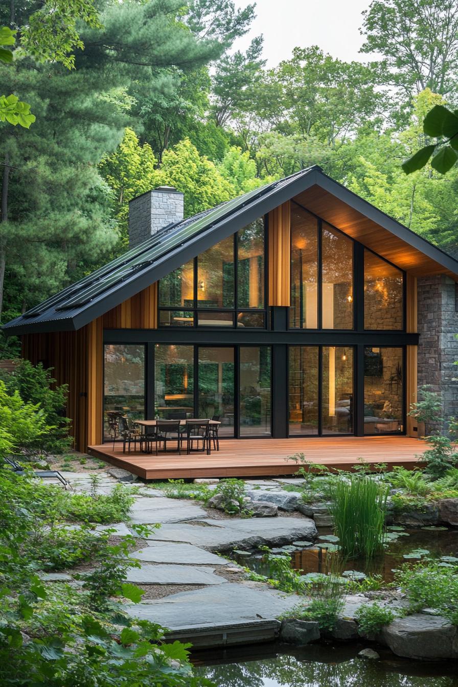 Wooden cabin nestled among lush greenery with large glass windows and a cozy patio